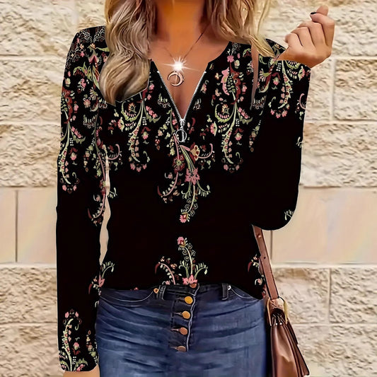 Western Women's Long Sleeve Floral Print Shirt, Half-Open Collar Casual Elegant Top